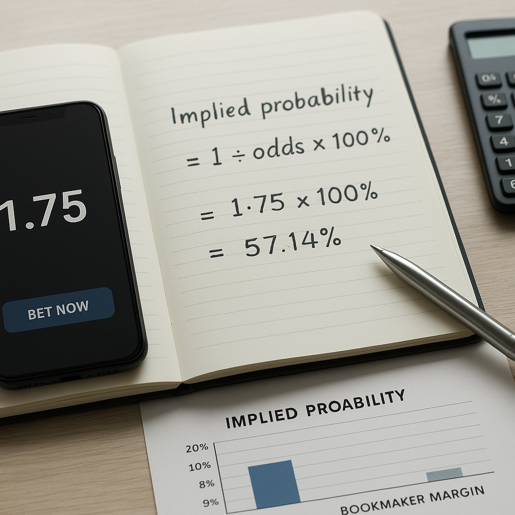 A smartphone with betting odds beside a notebook showing how to calculate implied probability